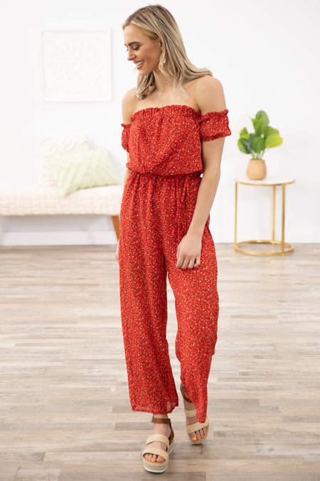 Red Ditsy Floral Off The Shoulder Jumpsuit - Filly Flair