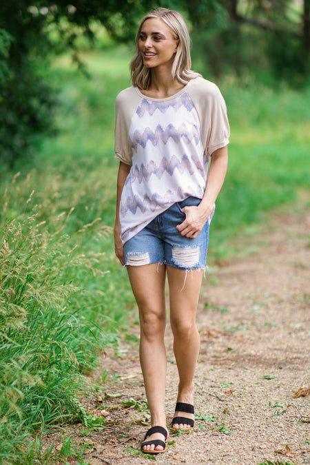 Cream and Beige Chevron Print Raglan Top - Filly Flair