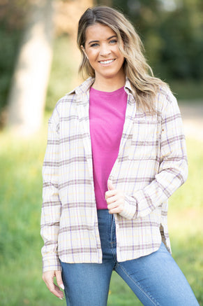 Tan and Taupe Plaid Button Up Top - Filly Flair