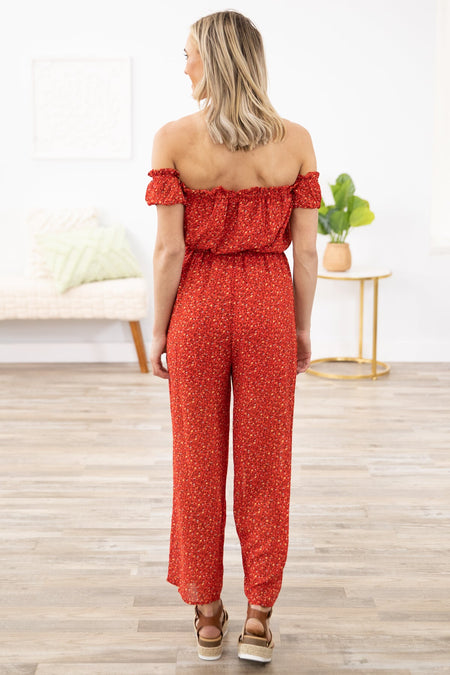 Red Ditsy Floral Off The Shoulder Jumpsuit - Filly Flair