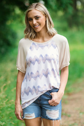 Cream and Beige Chevron Print Raglan Top - Filly Flair