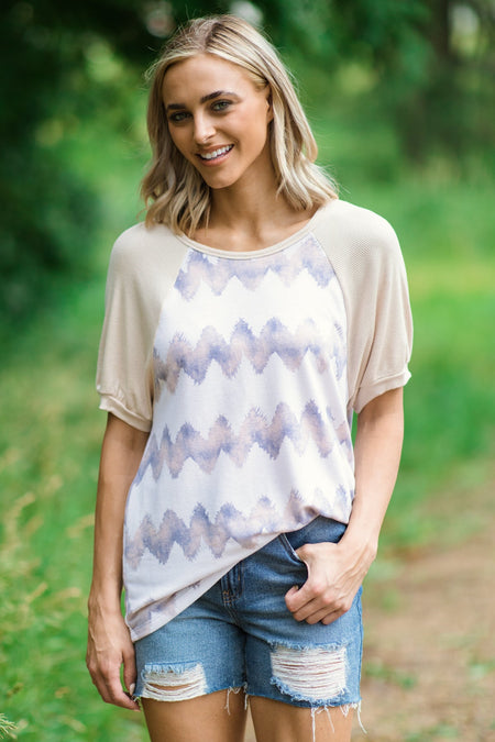 Cream and Beige Chevron Print Raglan Top - Filly Flair