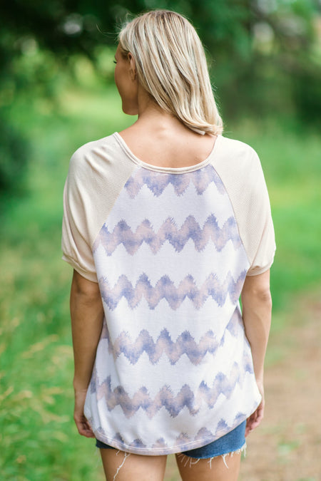 Cream and Beige Chevron Print Raglan Top - Filly Flair