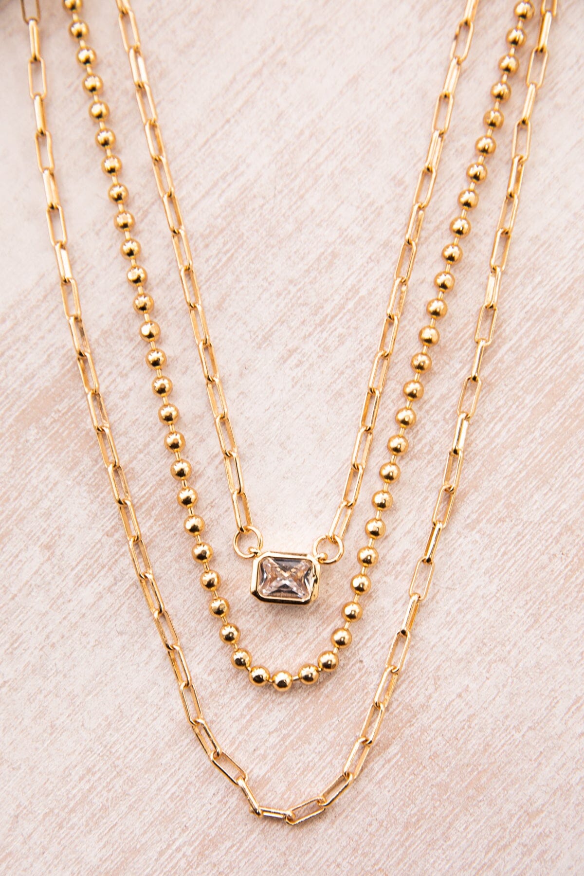 Gold Layered Chain Necklace With Rhinestone - Filly Flair