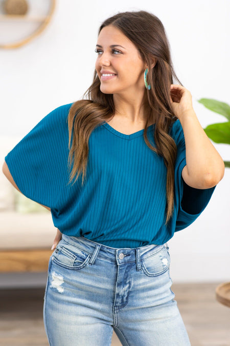 Teal V-Neck Dolman Sleeve Back Cutout Top - Filly Flair