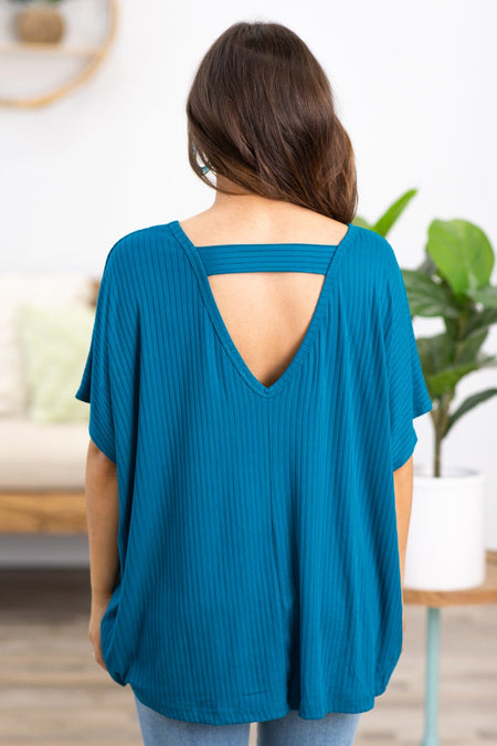 Teal V-Neck Dolman Sleeve Back Cutout Top - Filly Flair