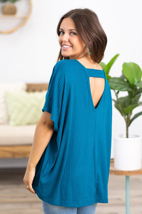 Teal V-Neck Dolman Sleeve Back Cutout Top - Filly Flair