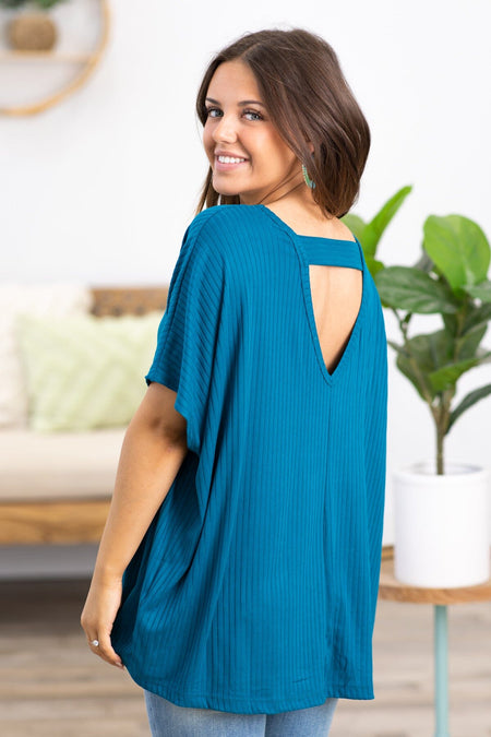 Teal V-Neck Dolman Sleeve Back Cutout Top - Filly Flair