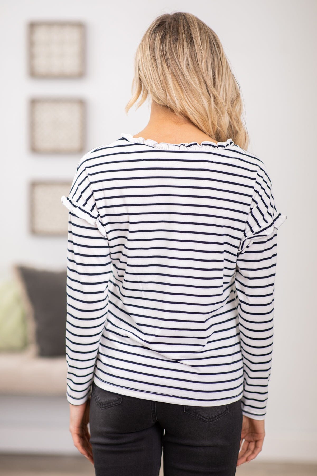 White and Navy Stripe top With Ruffle Detail - Filly Flair