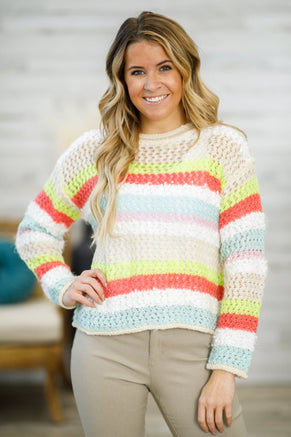 Oatmeal Multicolor Stripe Open Knit Sweater - Filly Flair