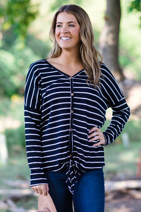 Navy and White Stripe Top With Buttons - Filly Flair