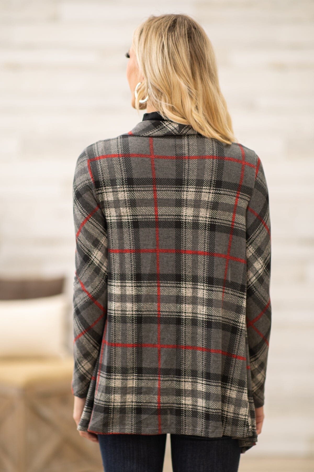 Red plaid cardigan on sale womens