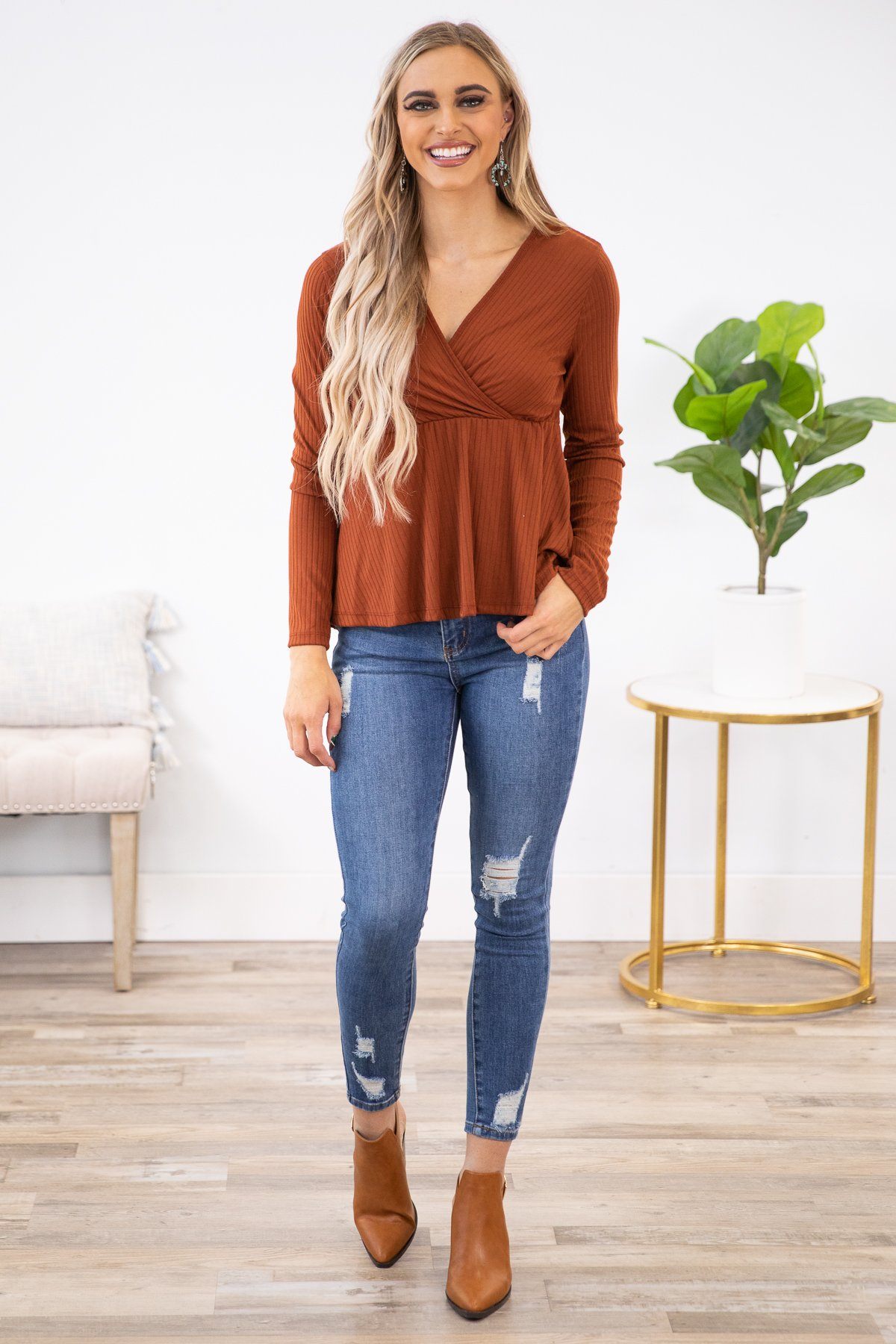 Rust Rib Knit Surplice Top with Peplum - Filly Flair