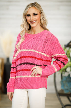 Pink Multicolor Stripe Cable Knit Sweater - Filly Flair