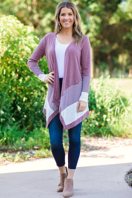 Dusty Rose and White Stripe Detail Cardigan - Filly Flair