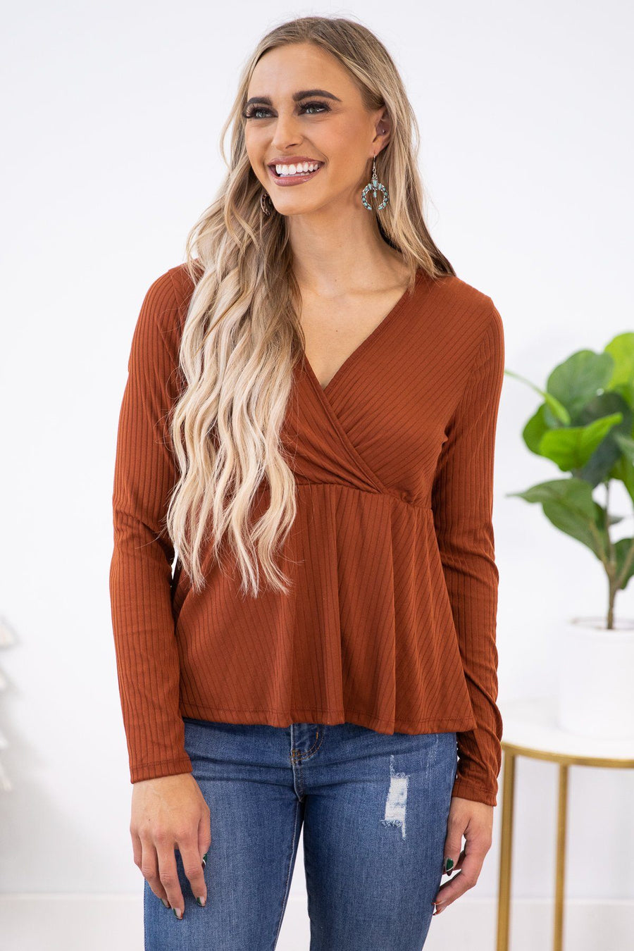 Rust Rib Knit Surplice Top with Peplum - Filly Flair