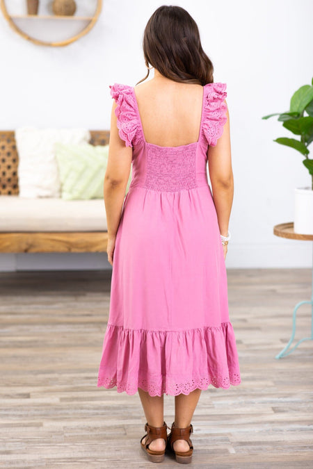 Dark Blush Eyelet Trim Smocked Waist Dress - Filly Flair