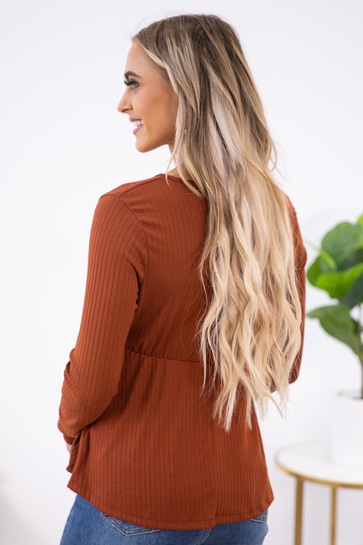 Rust Rib Knit Surplice Top with Peplum - Filly Flair