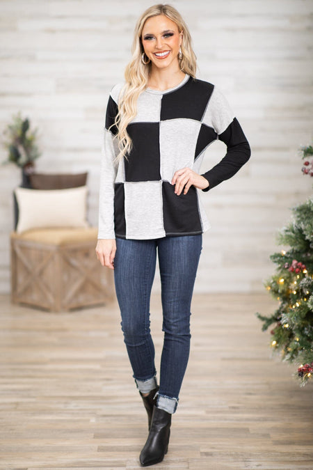 Black and Light Grey Checker Colorblock Top - Filly Flair