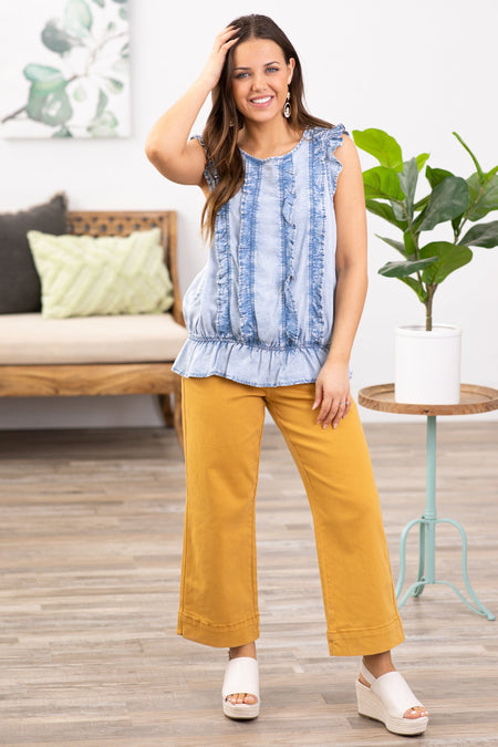 Light Wash Chambray Ruffle Front Peplum Top - Filly Flair