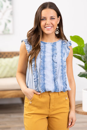 Light Wash Chambray Ruffle Front Peplum Top - Filly Flair