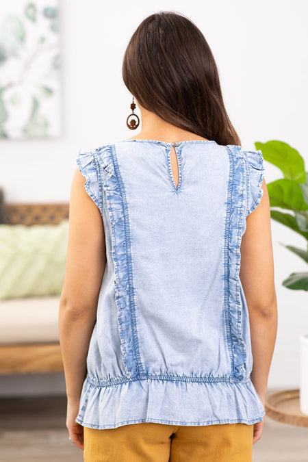 Light Wash Chambray Ruffle Front Peplum Top - Filly Flair