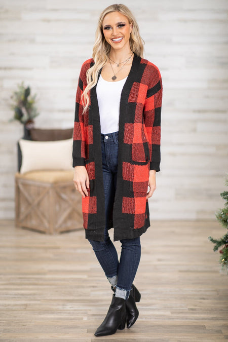 Red and Black Buffalo Plaid Long Cardigan - Filly Flair