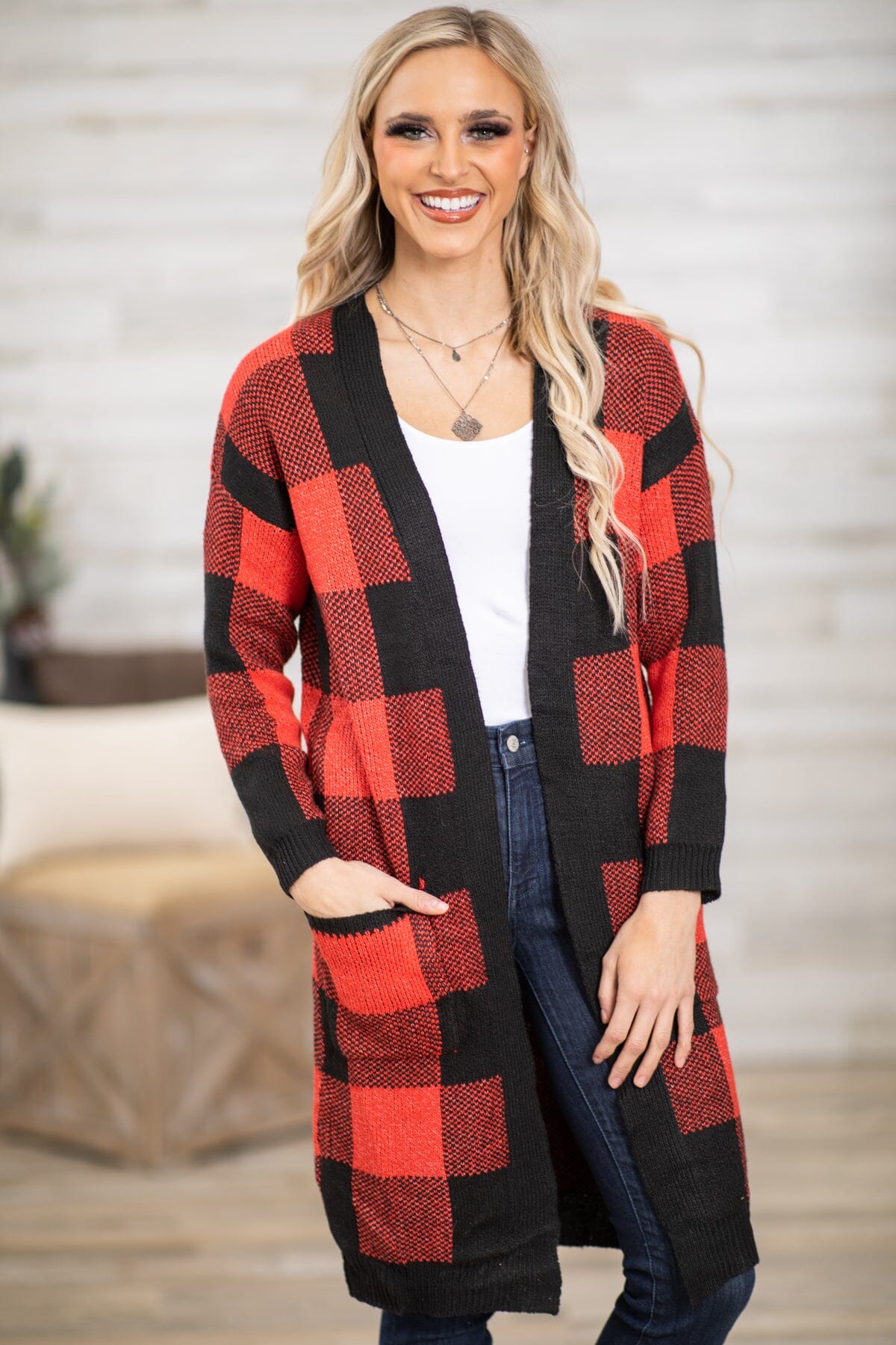 Red and Black Buffalo Plaid Long Cardigan Filly Flair