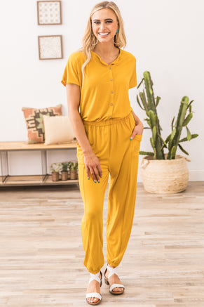 Mustard Short Sleeve Jumpsuit with Pockets - Filly Flair