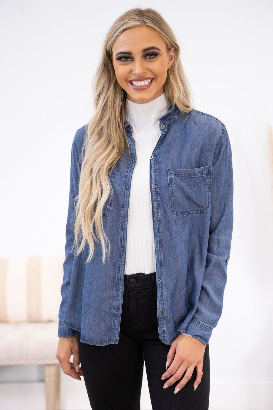 Dark Blue Long Sleeve Button Down Denim Top - Filly Flair