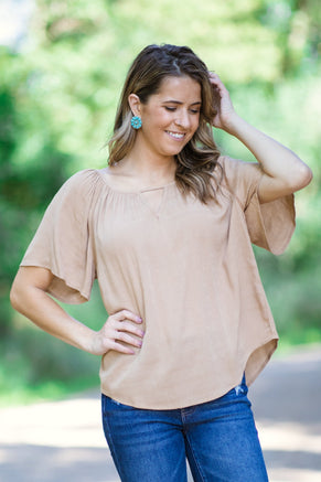 Camel Textured Top With Keyhole - Filly Flair