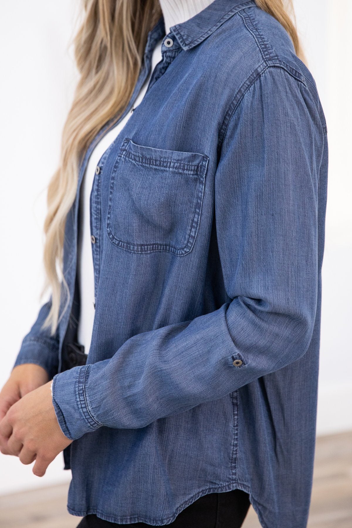 Dark Blue Long Sleeve Button Down Denim Top - Filly Flair