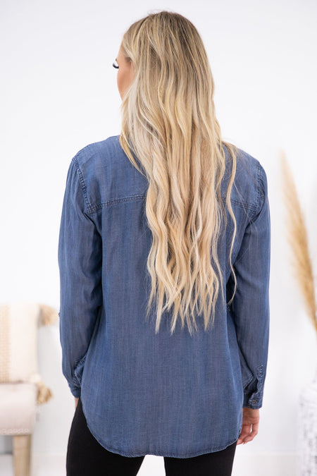 Dark Blue Long Sleeve Button Down Denim Top - Filly Flair