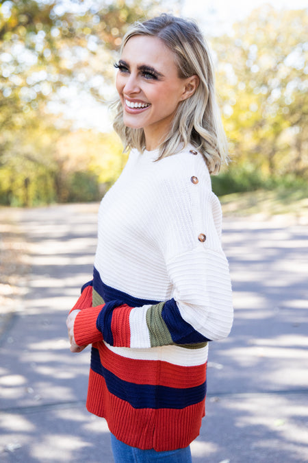 Navy and Orange Colorblock Stripe Sweater - Filly Flair