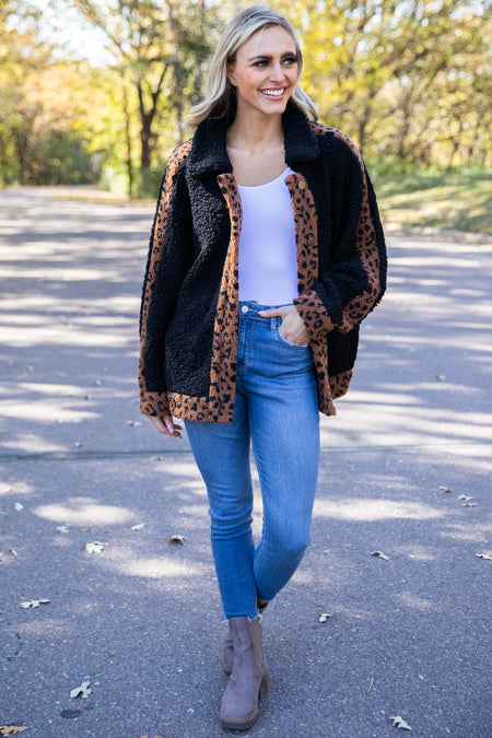 Black Sherpa Jacket With Animal Print Trim - Filly Flair