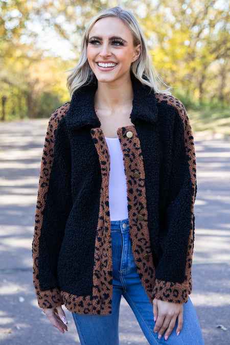 Black Sherpa Jacket With Animal Print Trim - Filly Flair