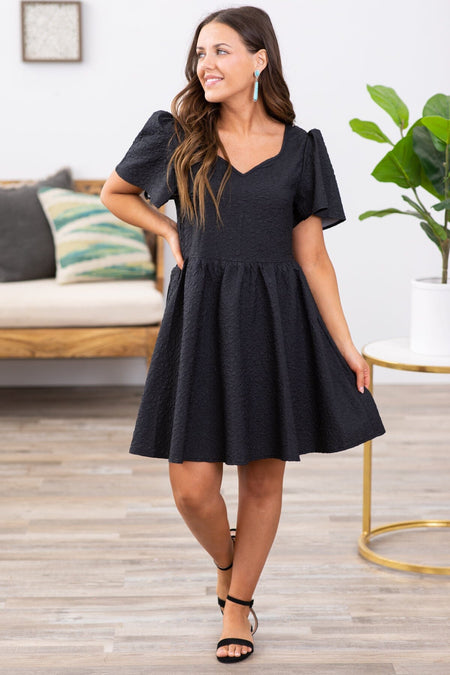 Black Flutter Sleeve Built In Shorts Dress - Filly Flair