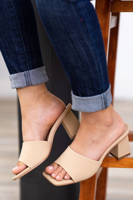 Beige Square Toe Block Heel Sandals - Filly Flair