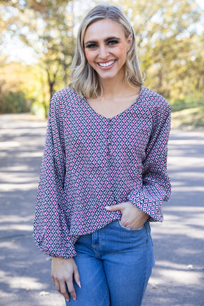 Burgundy Multicolor Geometric Print Top - Filly Flair