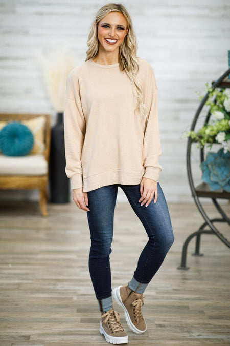 Tan Round Neck Drop Shoulder Top - Filly Flair