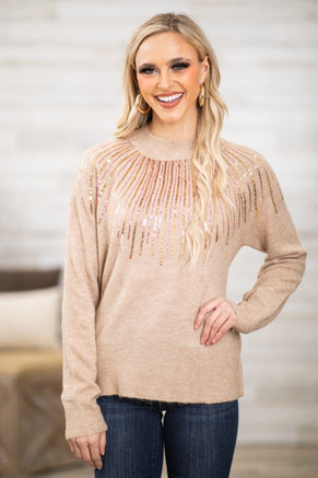 Tan and Rose Gold Sequin Detail Sweater - Filly Flair