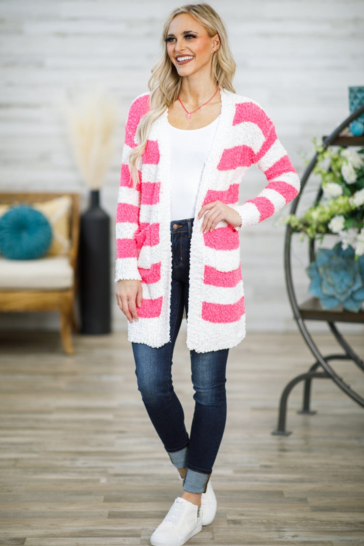 Hot Pink and White Stripe Popcorn Cardigan - Filly Flair