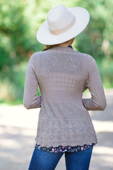 Mocha Scalloped Crochet Lace Trim Cardigan - Filly Flair