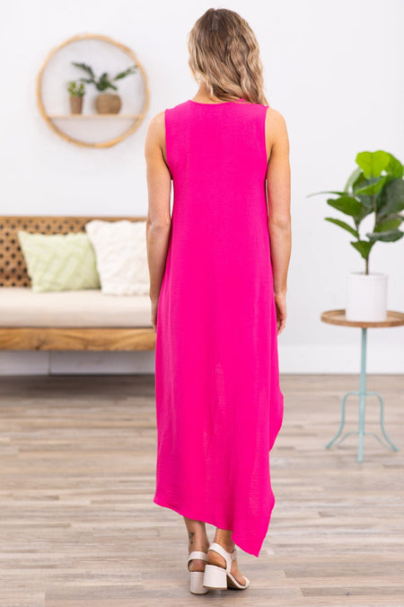 Hot Pink V-Neck Hi Lo Midi Dress - Filly Flair