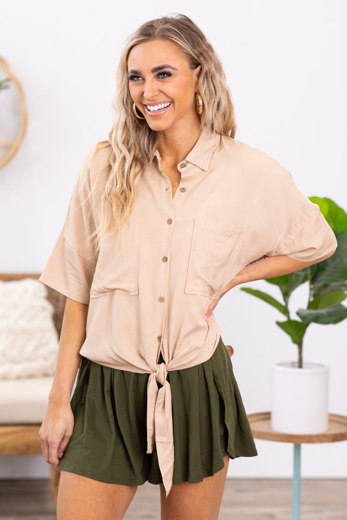 Tan Button Up Tie Front Top - Filly Flair