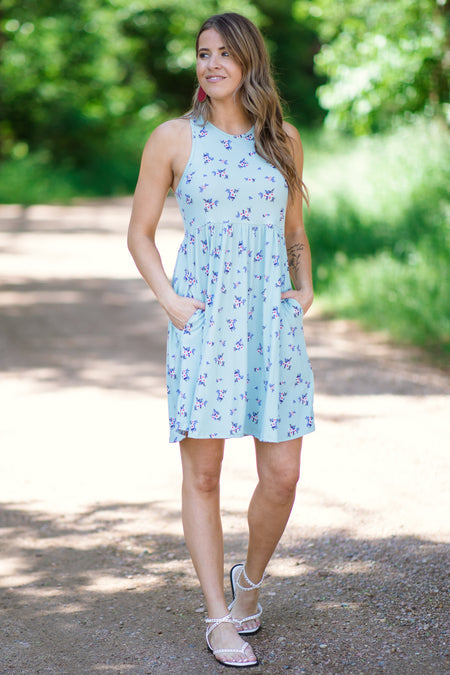 Sage Floral Elastic Waist Ribbed Dress - Filly Flair