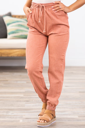 Terra Cotta Washed Elastic Waist Joggers - Filly Flair