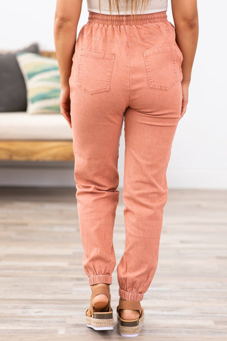 Terra Cotta Washed Elastic Waist Joggers - Filly Flair