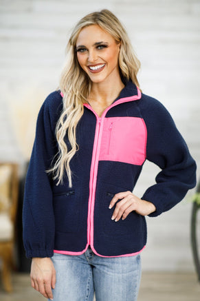 Navy and Hot Pink Full Zip Sherpa - Filly Flair