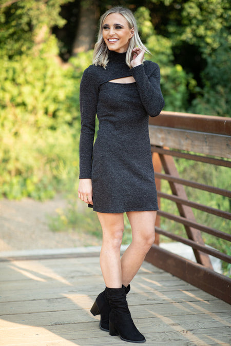 Black Rib Knit Mock Neck Dress With Cutout - Filly Flair